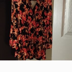 Orange and Pink Floral Wrap Blouse with Notched Collar